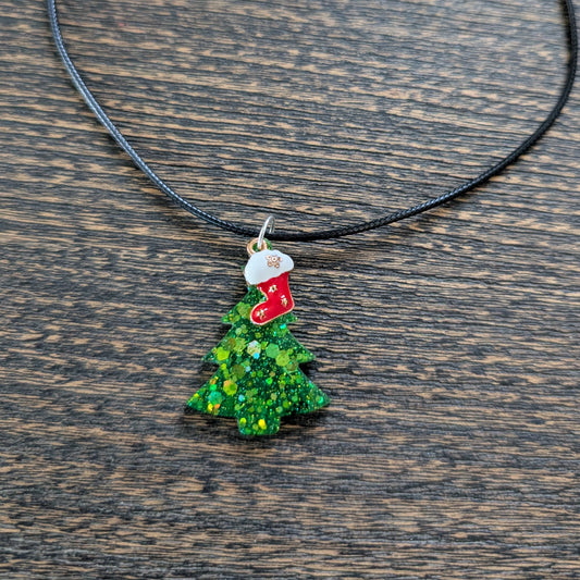 Necklace - 17.5 inches black waxed cord with resin Christmas tree and charm