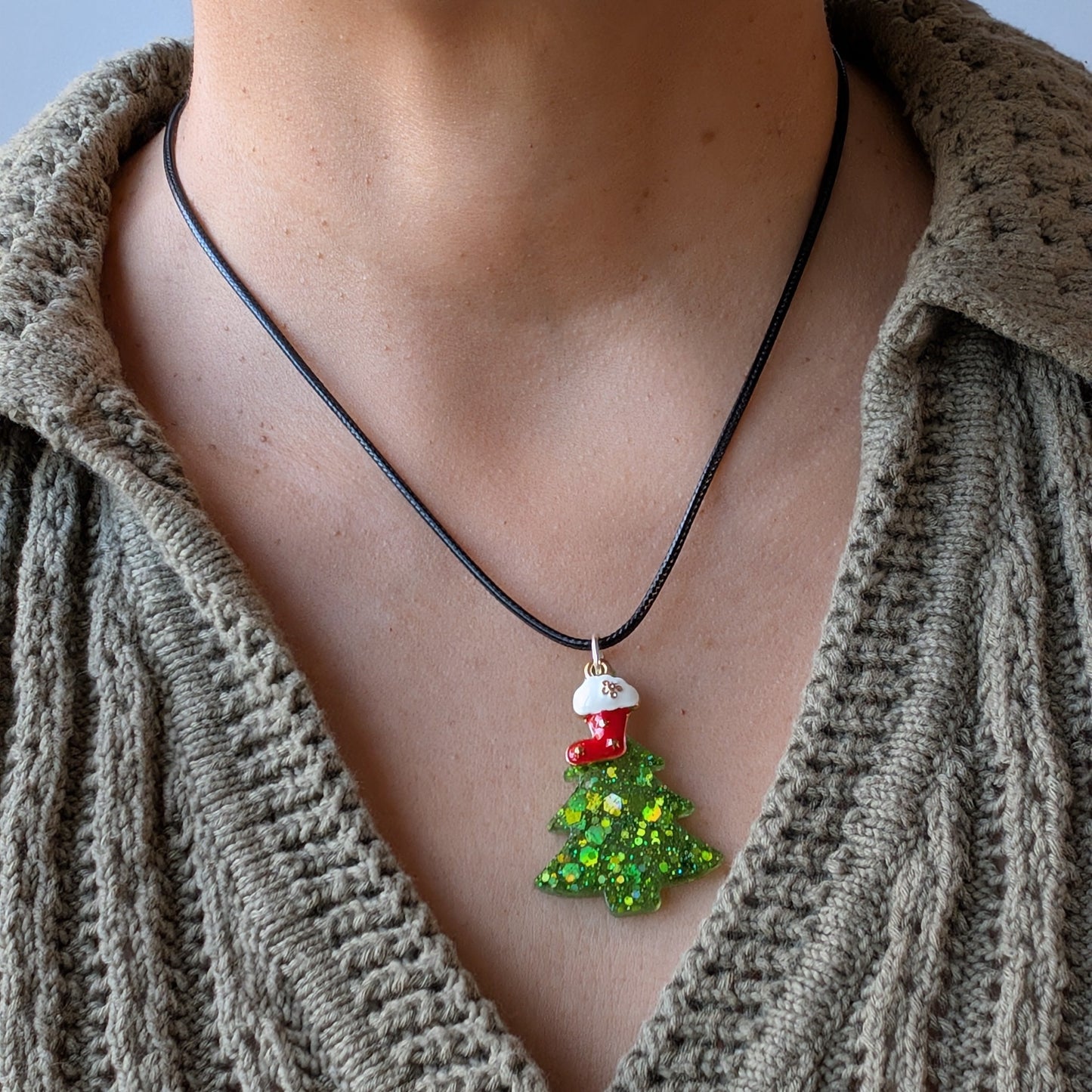 Necklace - 17.5 inches black waxed cord with resin Christmas tree and charm