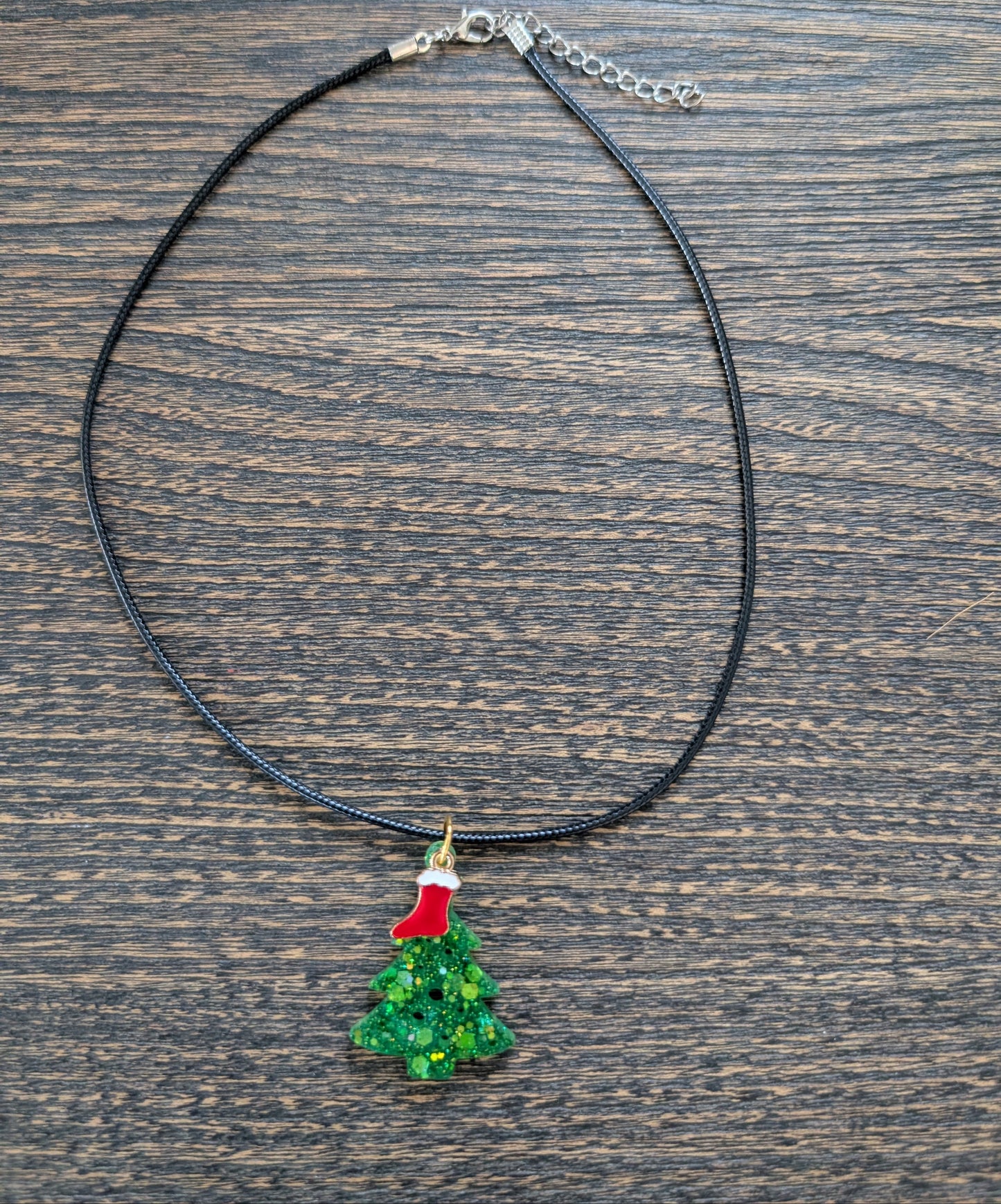 Necklace - 17.5 inches black waxed cord with resin Christmas tree and charm