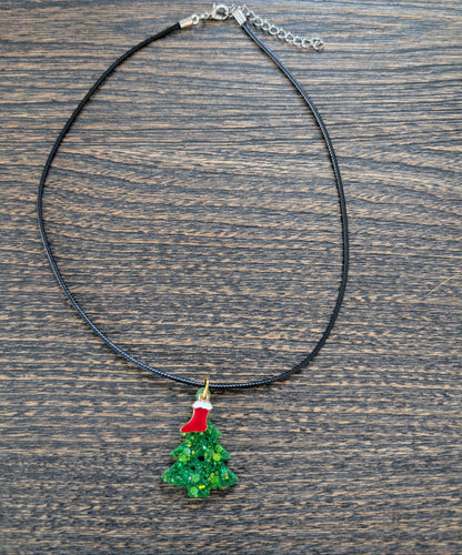 Necklace - 17.5 inches black waxed cord with resin Christmas tree and charm
