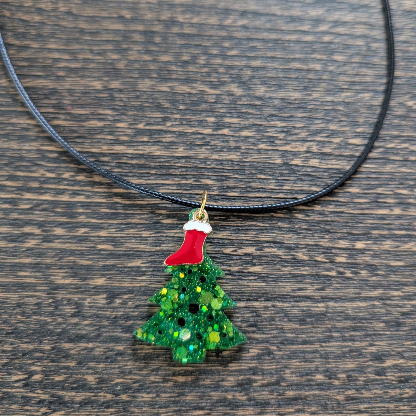 Necklace - 17.5 inches black waxed cord with resin Christmas tree and charm