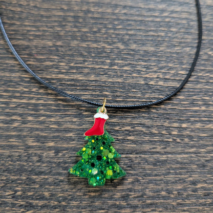Necklace - 17.5 inches black waxed cord with resin Christmas tree and charm