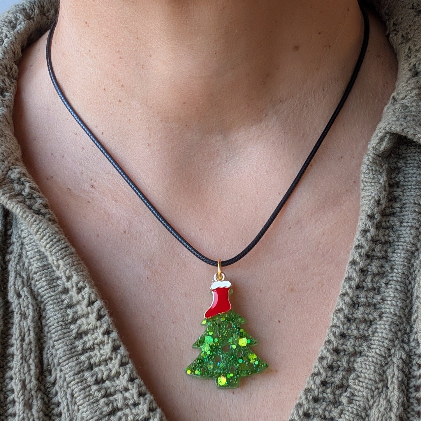 Necklace - 17.5 inches black waxed cord with resin Christmas tree and charm