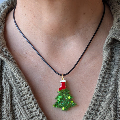 Necklace - 17.5 inches black waxed cord with resin Christmas tree and charm