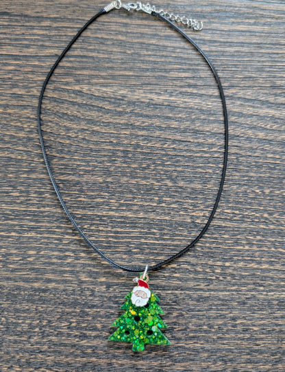 Necklace - 17.5 inches black waxed cord with resin Christmas tree and charm