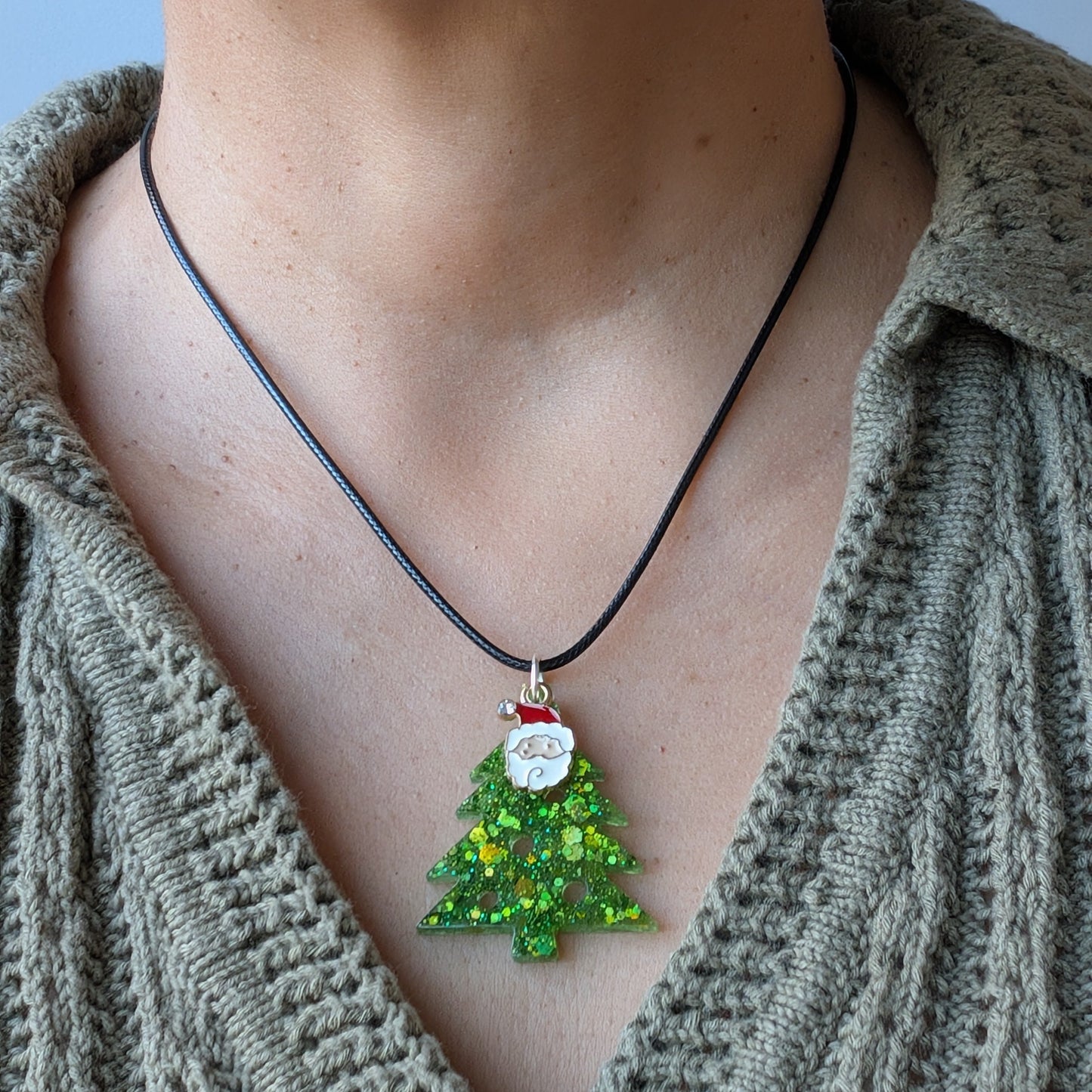Necklace - 17.5 inches black waxed cord with resin Christmas tree and charm