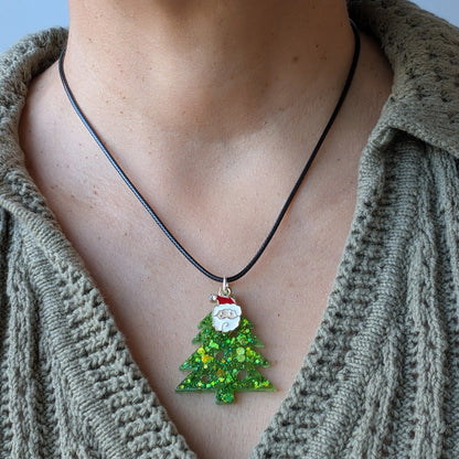 Necklace - 17.5 inches black waxed cord with resin Christmas tree and charm
