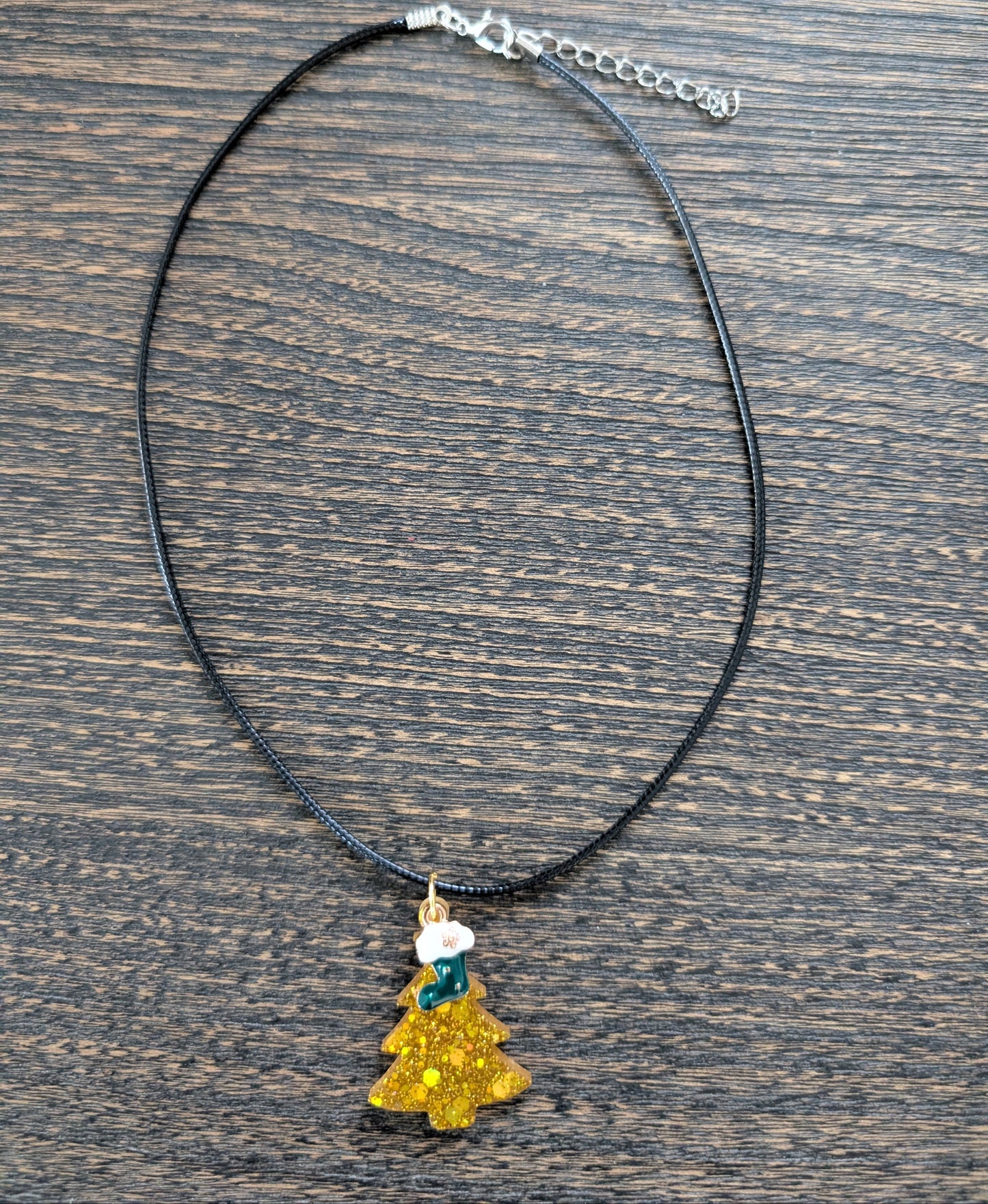 Necklace - 17.5 inches black waxed cord with resin Christmas tree and charm