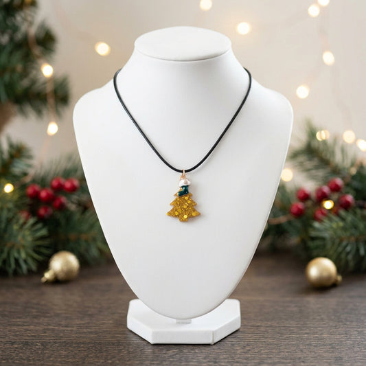 Necklace - 17.5 inches black waxed cord with resin Christmas tree and charm