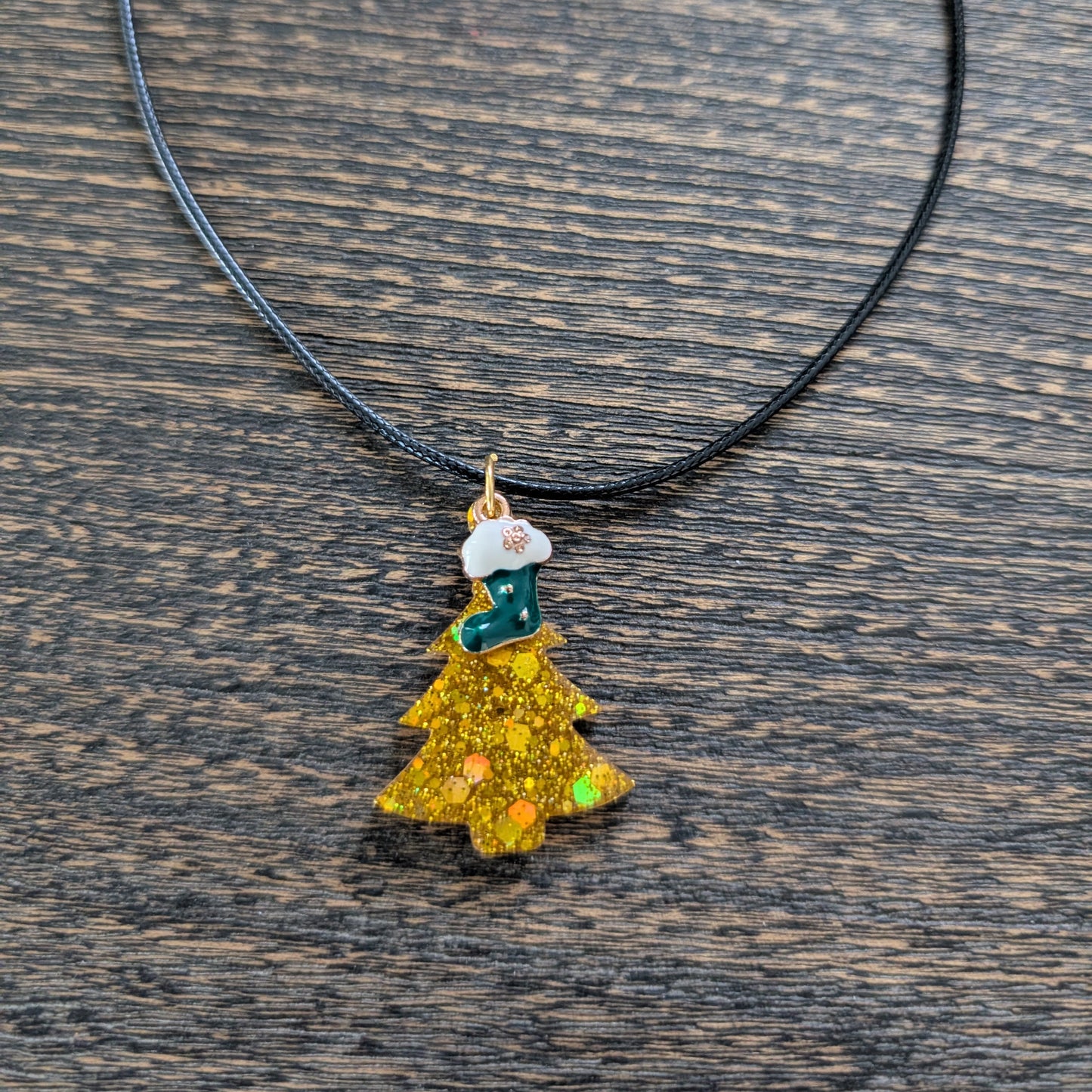 Necklace - 17.5 inches black waxed cord with resin Christmas tree and charm