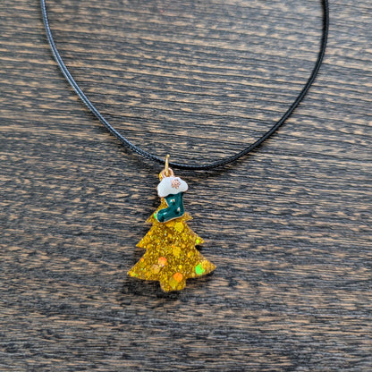 Necklace - 17.5 inches black waxed cord with resin Christmas tree and charm