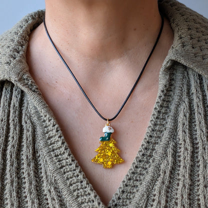 Necklace - 17.5 inches black waxed cord with resin Christmas tree and charm