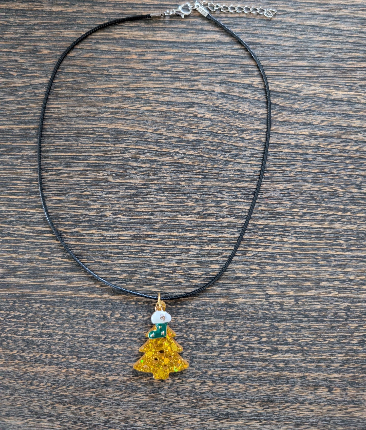 Necklace - 17.5 inches black waxed cord with resin Christmas tree and charm