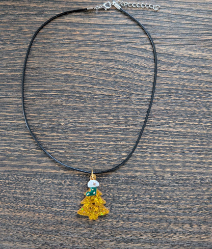 Necklace - 17.5 inches black waxed cord with resin Christmas tree and charm