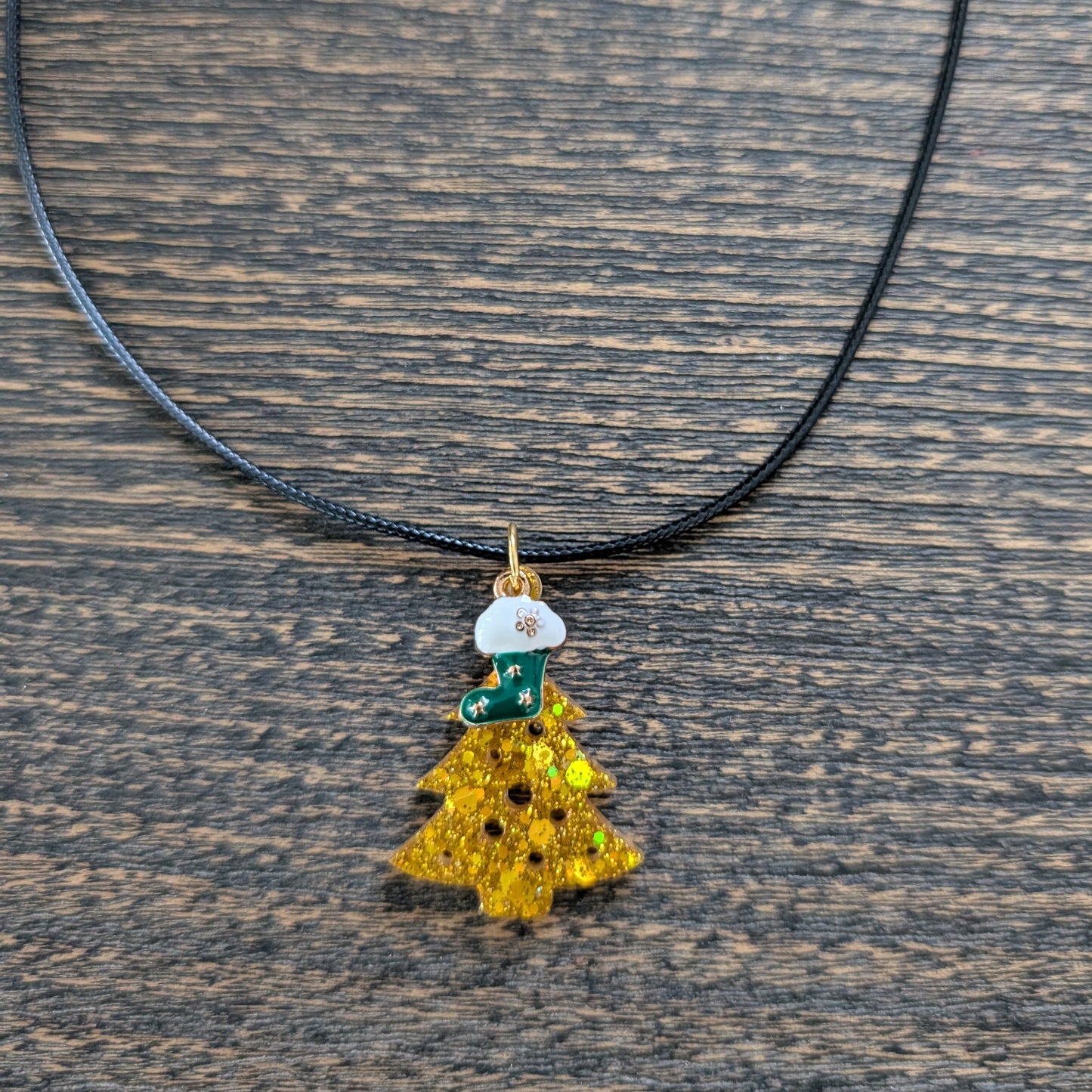 Necklace - 17.5 inches black waxed cord with resin Christmas tree and charm