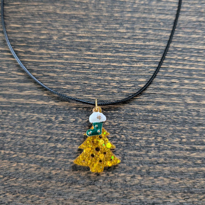 Necklace - 17.5 inches black waxed cord with resin Christmas tree and charm