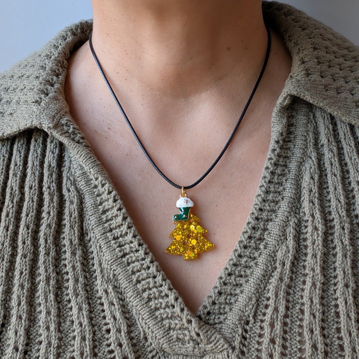 Necklace - 17.5 inches black waxed cord with resin Christmas tree and charm