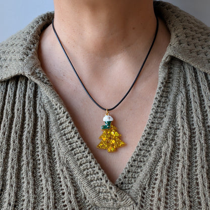 Necklace - 17.5 inches black waxed cord with resin Christmas tree and charm