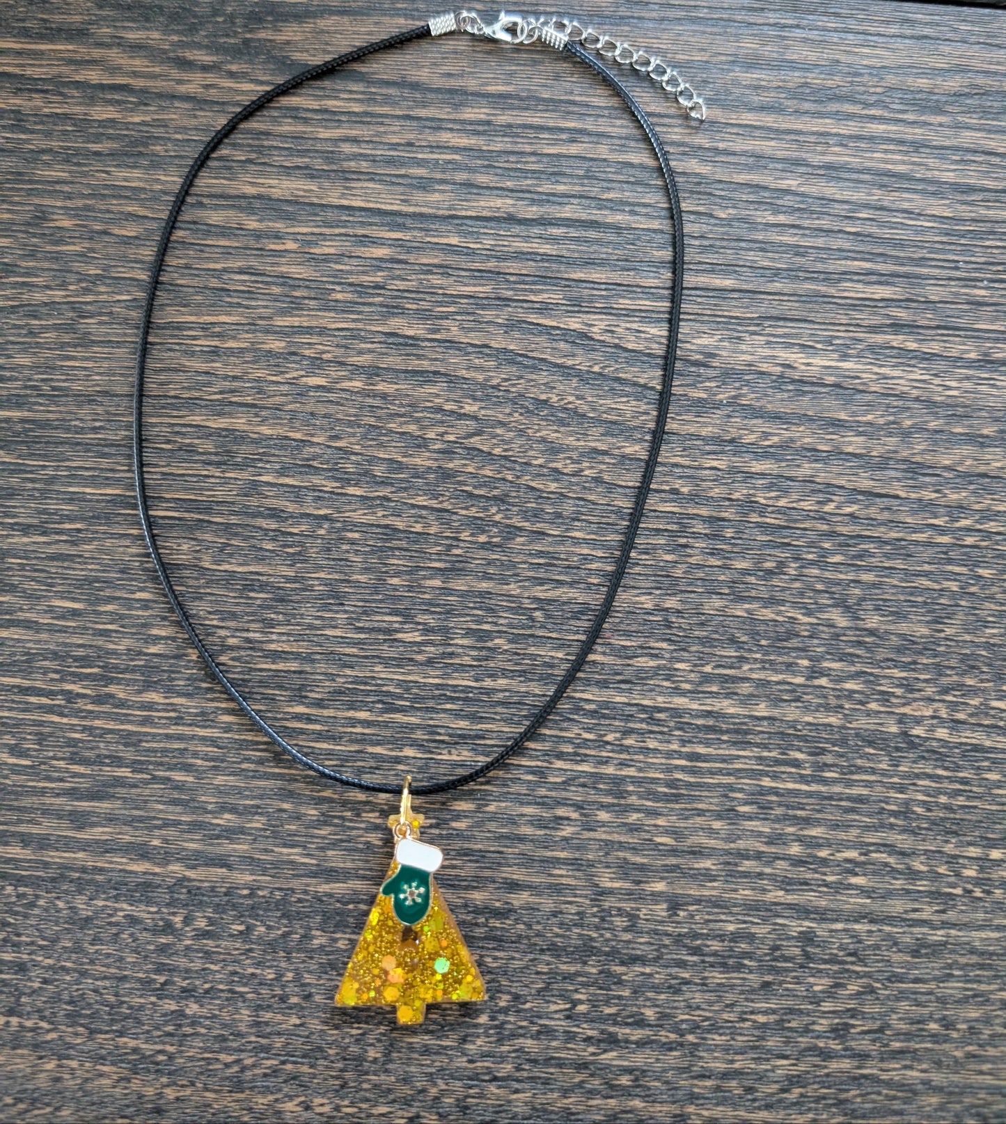 Necklace - 17.5 inches black waxed cord with resin Christmas tree and charm