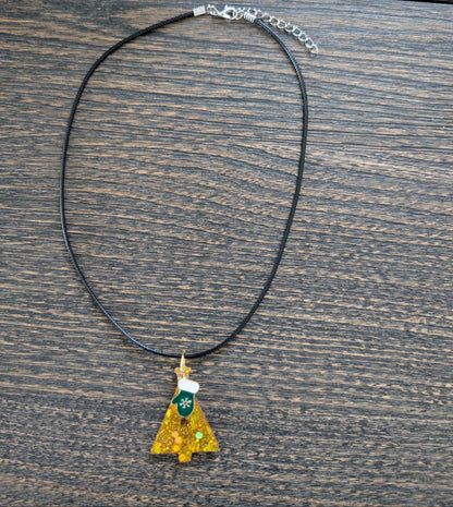 Necklace - 17.5 inches black waxed cord with resin Christmas tree and charm