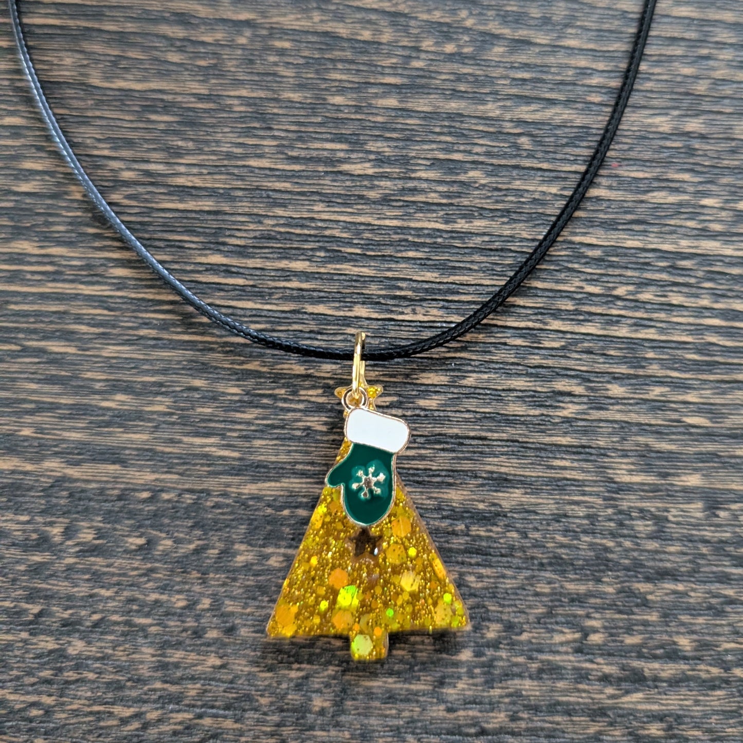 Necklace - 17.5 inches black waxed cord with resin Christmas tree and charm