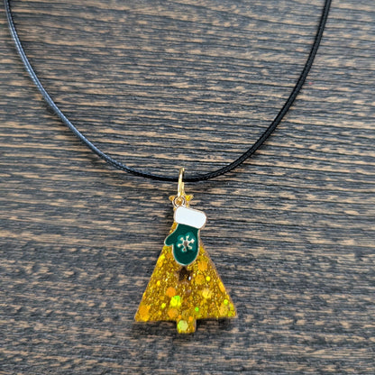 Necklace - 17.5 inches black waxed cord with resin Christmas tree and charm