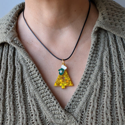 Necklace - 17.5 inches black waxed cord with resin Christmas tree and charm