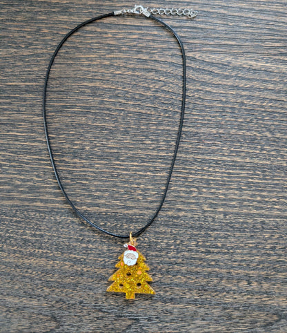 Necklace - 17.5 inches black waxed cord with resin Christmas tree and charm