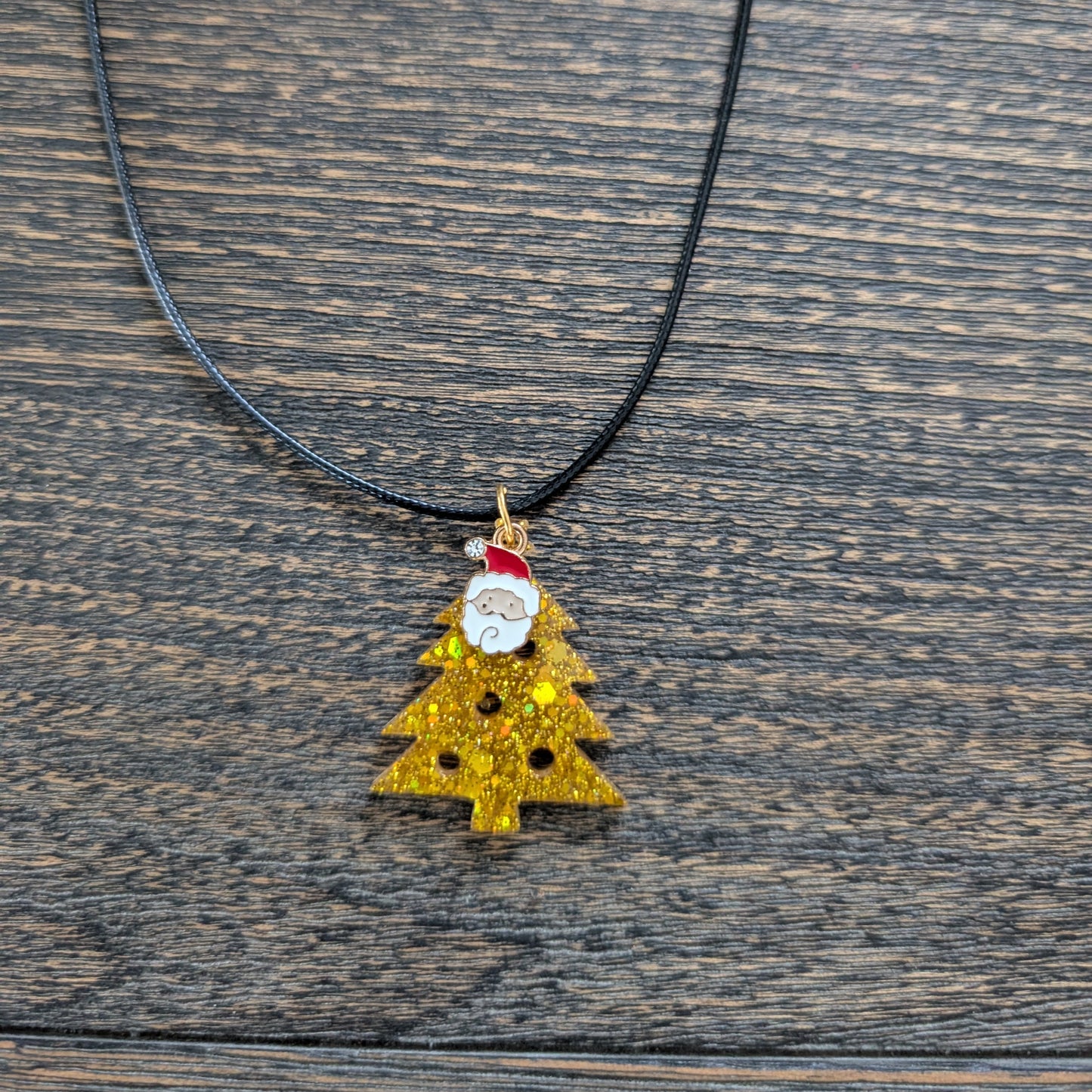 Necklace - 17.5 inches black waxed cord with resin Christmas tree and charm