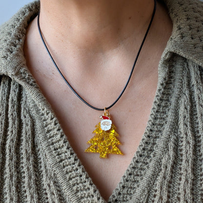 Necklace - 17.5 inches black waxed cord with resin Christmas tree and charm