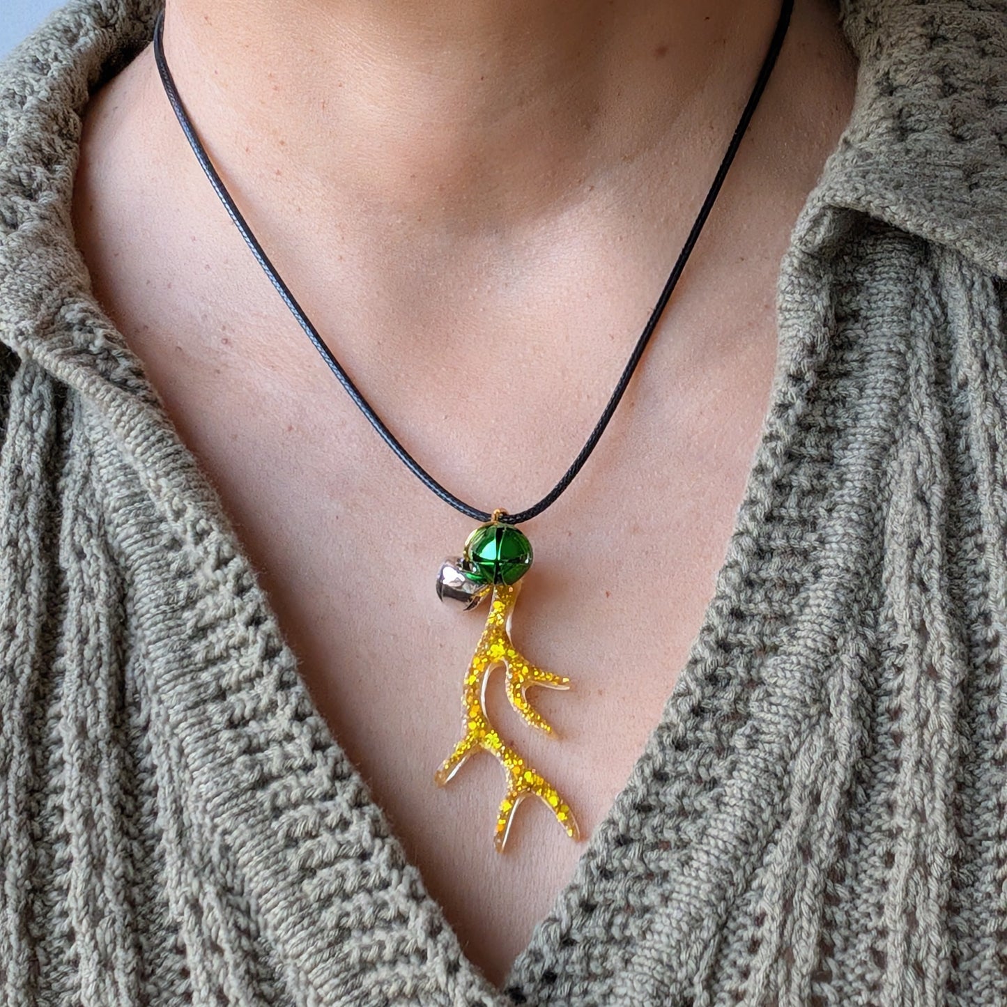 Necklace - 17.5 inches black waxed cord with resin Christmas charm and jingle bells