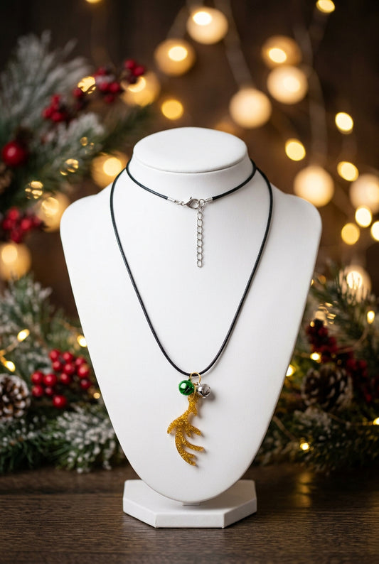 Necklace - 17.5 inches black waxed cord with resin Christmas charm and jingle bells