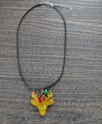 Necklace - 17.5 inches black waxed cord with resin Christmas charm and jingle bells