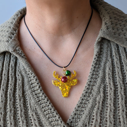 Necklace - 17.5 inches black waxed cord with resin Christmas charm and jingle bells