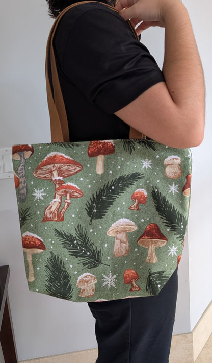 Snowy Mushrooms bag with orange lining one inner pocket and zipper closure