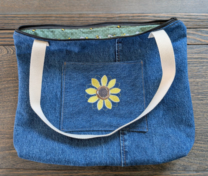 Jean tote bag with bees on green dots lining one outer pocket one inner pocket and zipper closure