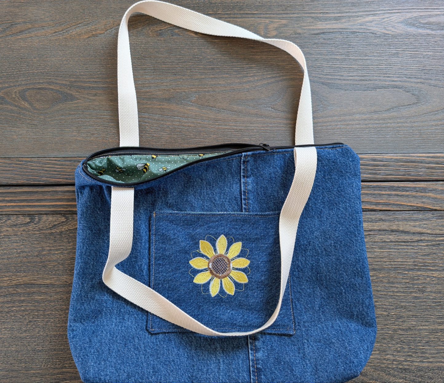 Jean tote bag with bees on green dots lining one outer pocket one inner pocket and zipper closure