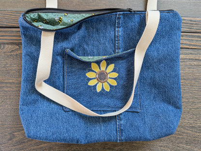 Jean tote bag with bees on green dots lining one outer pocket one inner pocket and zipper closure