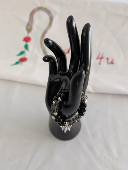 Bracelet - Elastic black beads with silver butterfly charm