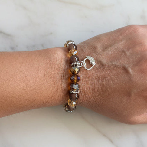 Bracelet - Elastic brown & gold beads with heart charm