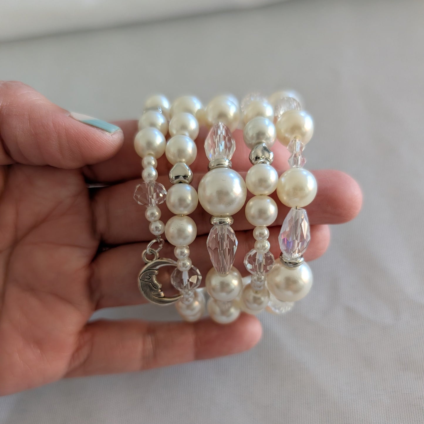 Bracelet - 4 coil & 6 coil Memory wire bracelet white pearl beads with  silver spacer beads