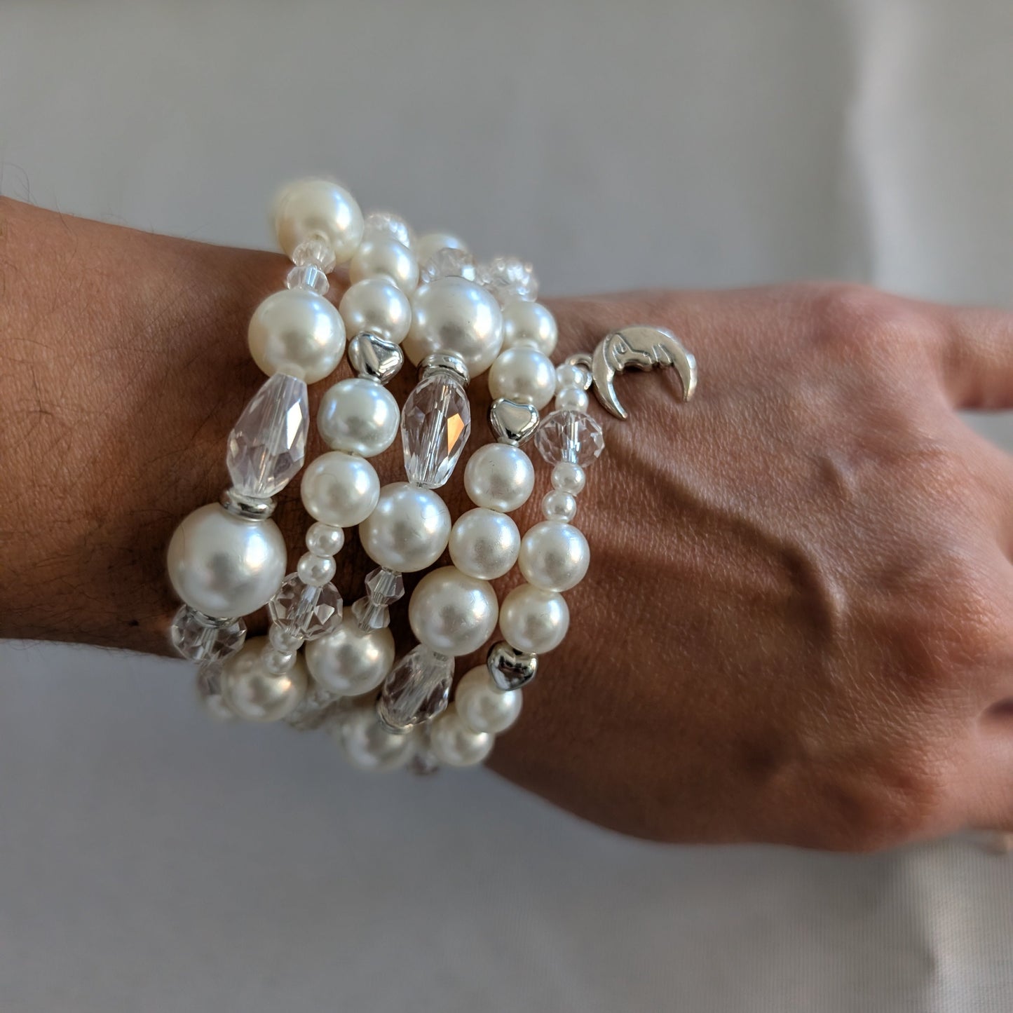 Bracelet - 4 coil & 6 coil Memory wire bracelet white pearl beads with  silver spacer beads