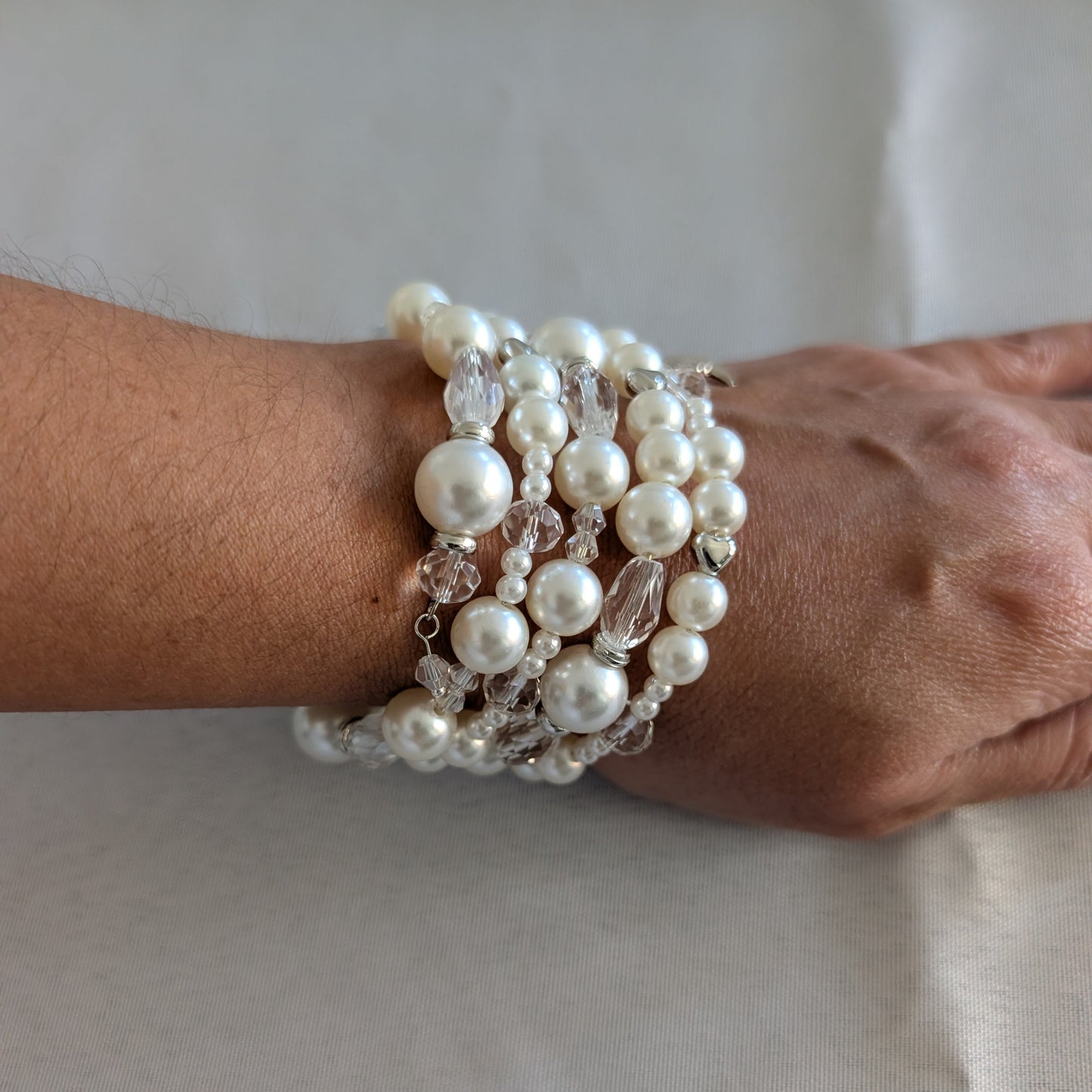 Bracelet - 4 coil & 6 coil Memory wire bracelet white pearl beads with  silver spacer beads