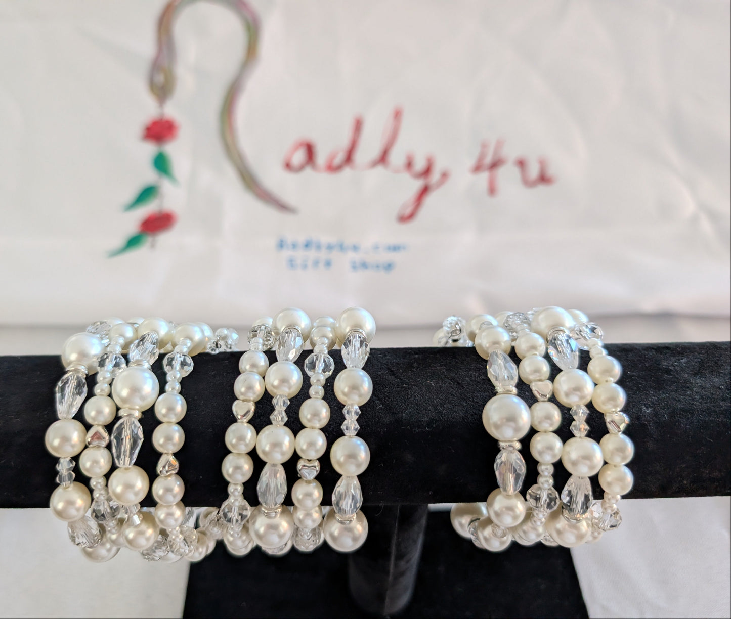 Bracelet - 4 coil & 6 coil Memory wire bracelet white pearl beads with  silver spacer beads