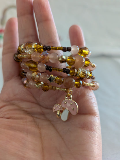 Bracelet - 4 coil Brown pink & tan memory wire bracelet with pink mushroom charm