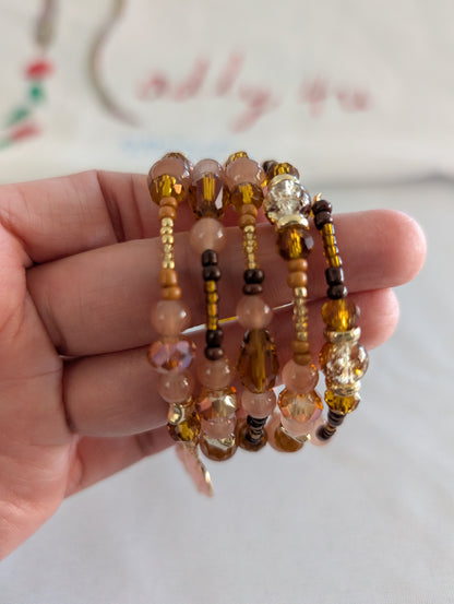 Bracelet - 4 coil Brown pink & tan memory wire bracelet with pink mushroom charm