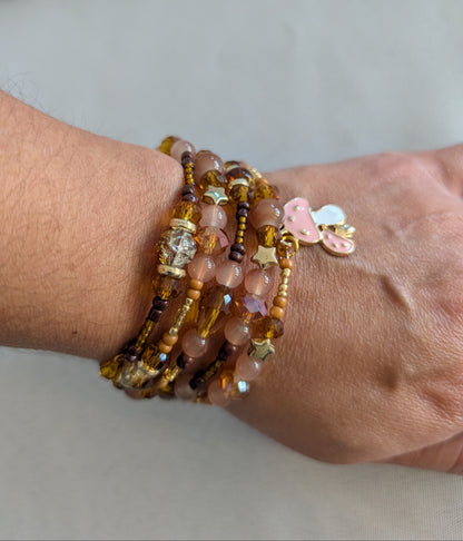 Bracelet - 4 coil Brown pink & tan memory wire bracelet with pink mushroom charm
