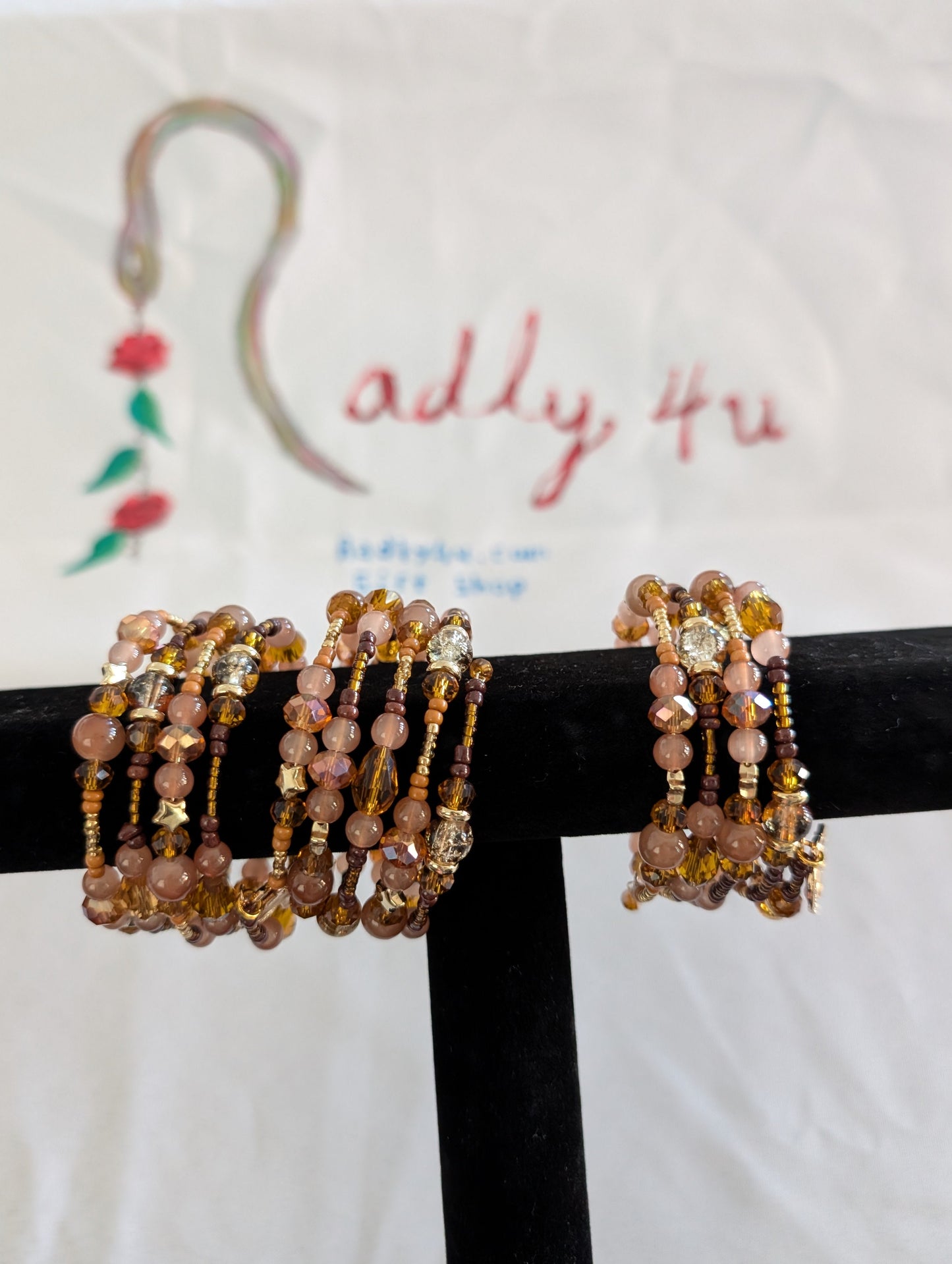 Bracelet - 4 coil Brown pink & tan memory wire bracelet with pink mushroom charm