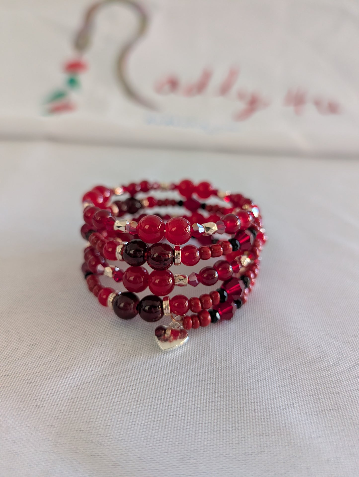 Bracelet - 4 coil Red memory wire bracelet with silver heart charm