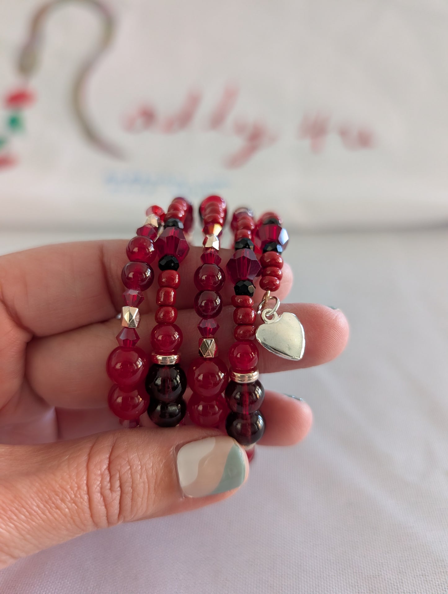 Bracelet - 4 coil Red memory wire bracelet with silver heart charm